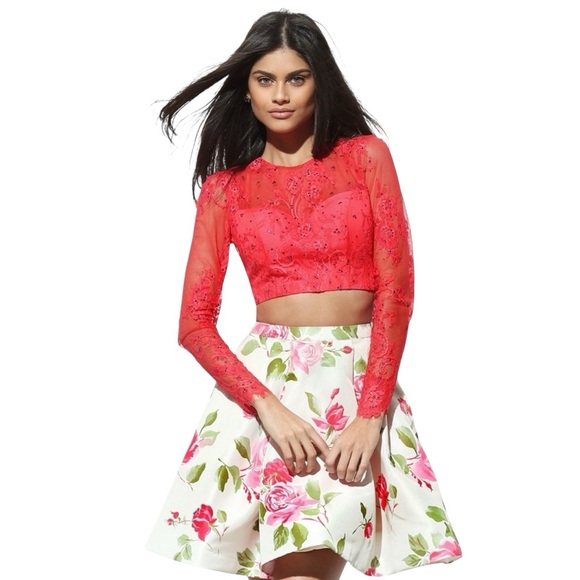 Sherri Hill White Floral Rose Print Fit & Flare Skirt 50563 Designer Size 0 EUC - Picture 3 of 16